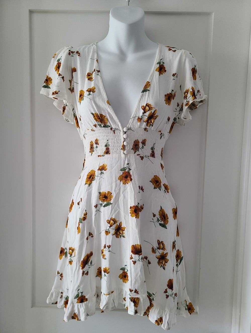 Forever 21 White Mini Dress with Mustard Floral Print